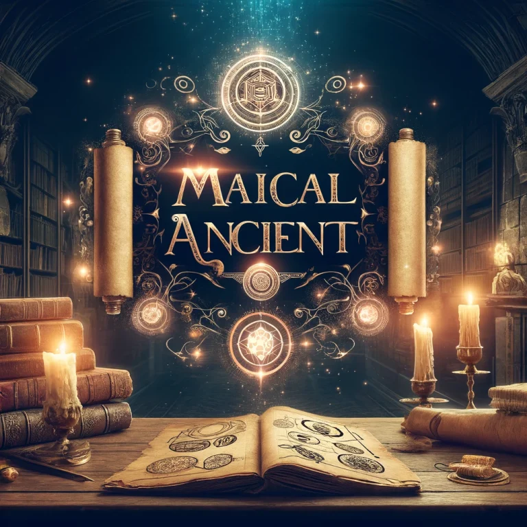 DALL·E 2024-05-15 11.26.23 - A magical, ancient-themed image with elements of blockchain technology. The title 'Magical Ancient' is centered at the top in elegant, mystical font